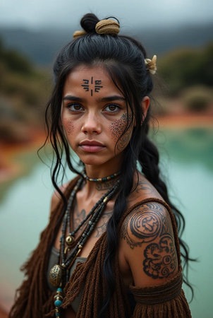 Portrait of a beautiful young Indian woman with dreadlocks wearing tribal clothesの素材