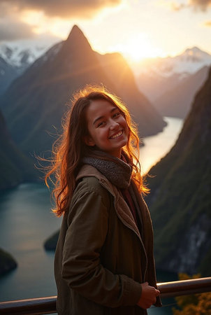 Young woman enjoying the view over the fjord at sunset.の素材