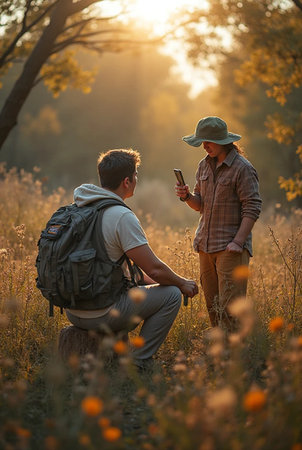Two young men with backpacks looking at mobile phone in the field.の素材