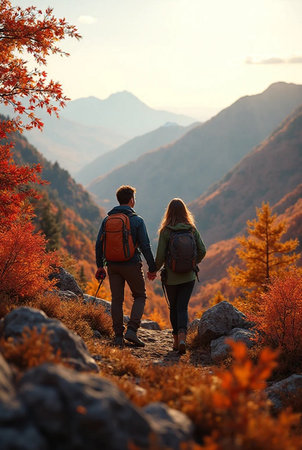 Couple of hikers with backpacks walking in the autumn mountains.の素材