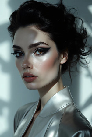 fashion interior photo of beautiful sensual woman with dark hair in elegant clothes posing in studioの素材