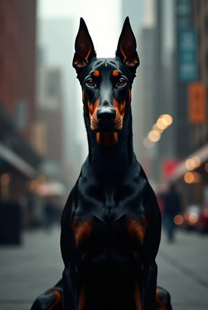 Portrait of beautiful black Doberman dog on the city street.の素材