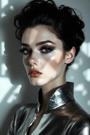 Fashionable portrait of a beautiful young brunette woman in leather jacket.の素材