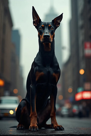 Portrait of a black Doberman dog sitting on the city streetの素材