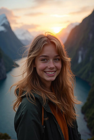 Beautiful young woman enjoying the sunset at Milford Sound, New Zealandの素材