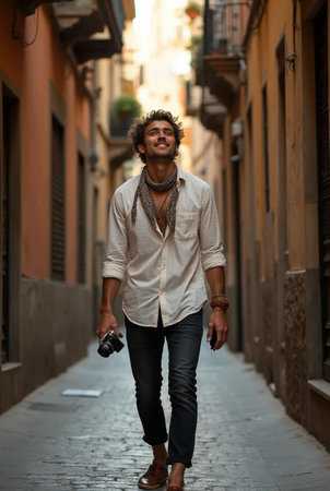 Handsome young man with curly hair, wearing a white shirt and jeans, walking through a narrow street in Rome, Italyの素材