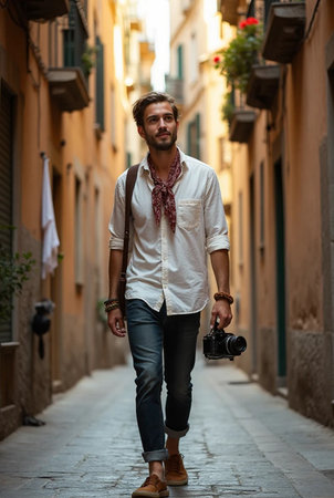 Handsome young man with a camera in a narrow street in Rome, Italyの素材