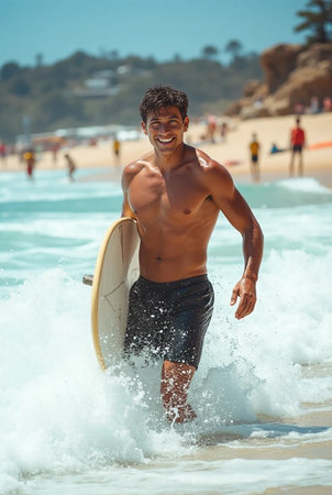 Portrait of a smiling young man with surfboard on the beachの素材