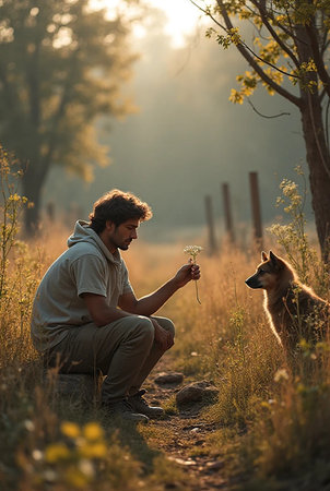 Man with dog in the meadow at sunset. Man and dogの素材