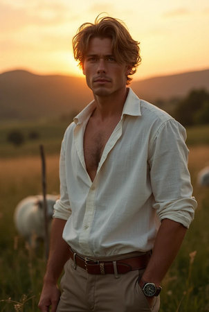 Portrait of a young handsome man in white shirt in field at sunsetの素材