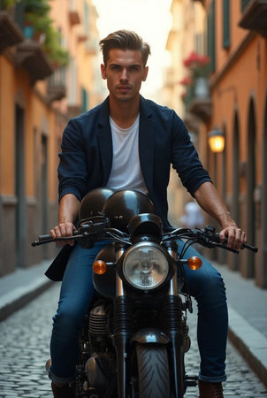 Handsome young man in a jacket and jeans sits on a motorcycle in the old town.の素材