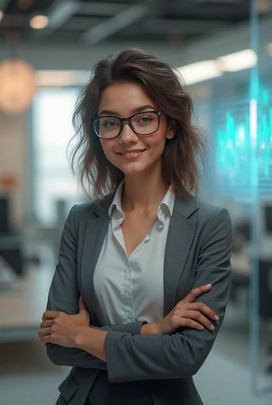 Portrait of a young businesswoman with glasses standing with arms crossed.の素材