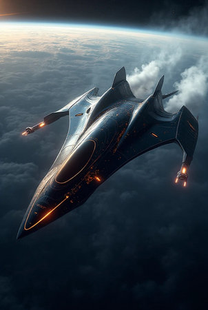 Futuristic spaceship flying above the clouds. 3D rendering.の素材