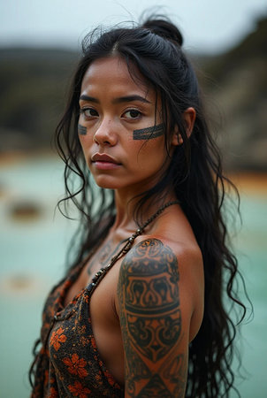 Beautiful asian woman with a tribal tattoo on her body and body.の素材