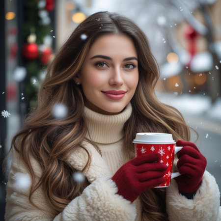 Beautiful girl with a cup of hot drink on the background of a winter cityの素材