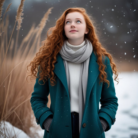 Redhead girl in green coat and scarf on the background of snowy fieldの素材