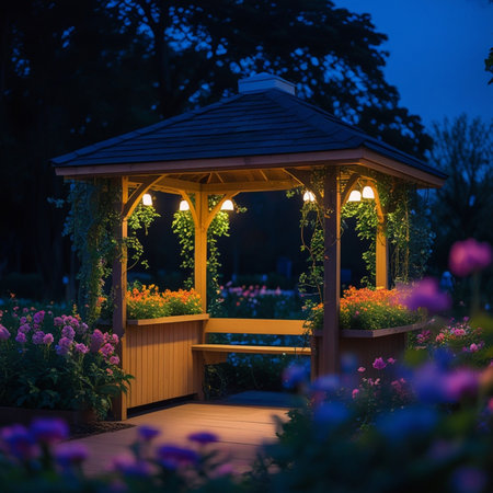 Wooden gazebo in the garden at night with flowersの素材
