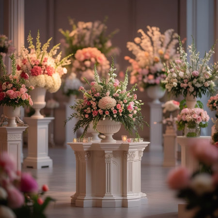 Wedding decoration with flowers and candles in a vase.の素材