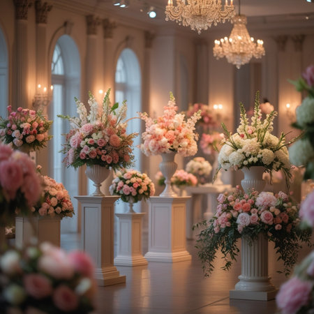 Wedding decoration with pink and white flowers in vases.の素材