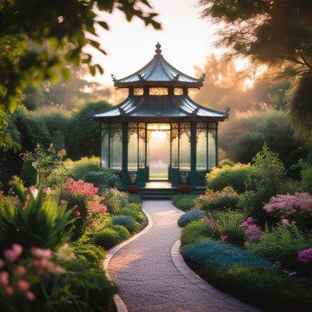 gazebo in the park at sunset, beautiful photo digital pictureの素材