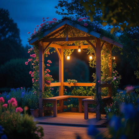 Wooden gazebo in the summer garden at night.の素材