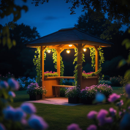 Wooden gazebo in the garden at night with flowersの素材