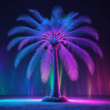 Palm tree on the beach at night with neon lights. 3d renderingの素材