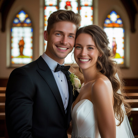 Portrait of a happy bride and groom on their wedding day.の素材