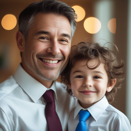 Portrait of smiling father and son looking at camera while standing indoorsの素材