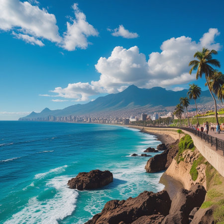Tenerife, Canary Islands, Spain. Panoramic view of the beach with palm trees and mountains.の素材