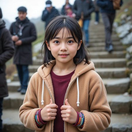 Young asian girl smiling at the camera with friends in the backgroundの素材