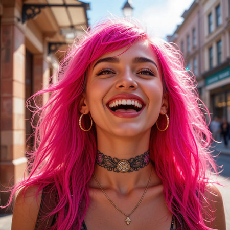 Beautiful girl with pink hair in the city. Portrait of a beautiful girl with pink hair.の素材