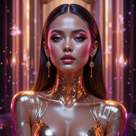 3d illustration of a beautiful girl with futuristic make-up and hairstyleの素材