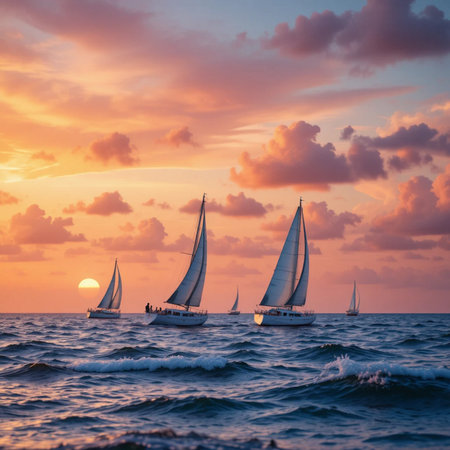 Sailing boats on the sea at sunset. Luxury yachts on the sea.の素材