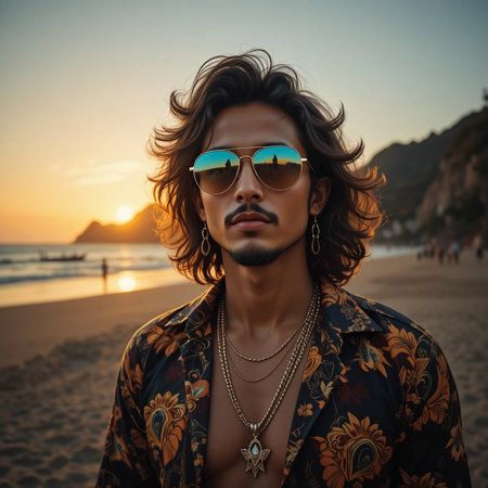 Portrait of handsome young man in sunglasses at the beach at sunsetの素材