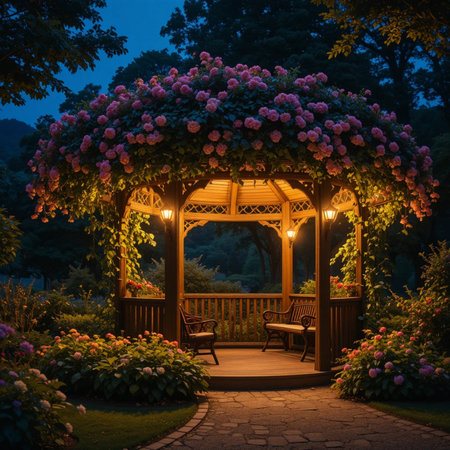 Wooden gazebo with flowers in the park at nightの素材