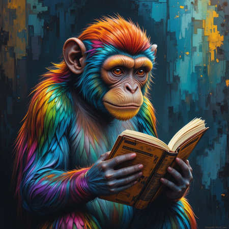 Chimpanzee with open book in his hands on abstract backgroundの素材