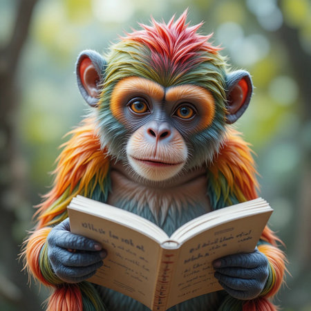 Portrait of a monkey reading a book in the rainforest.の素材