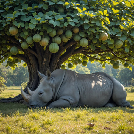 White rhinoceros lying under a tree in a park.の素材