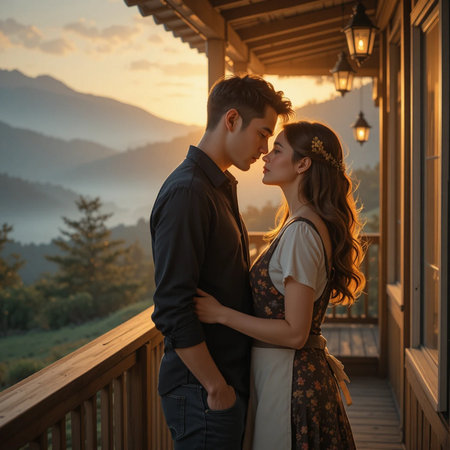 Couple in love standing on the terrace of a wooden house at sunsetの素材