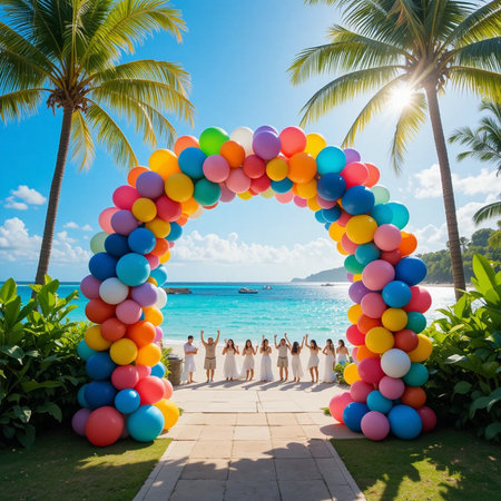 Bride and bridesmaids with colorful balloons at wedding ceremony on tropical beachの素材