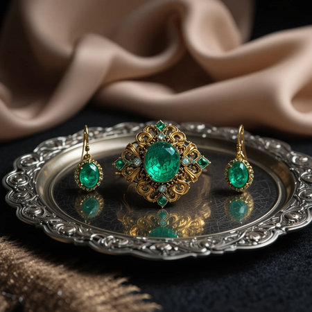 Emerald earrings with emeralds on a silver tray.の素材
