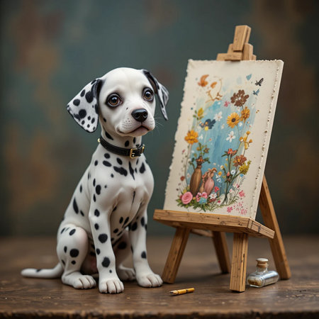 Adorable Dalmatian puppy sitting near easel and paintingの素材