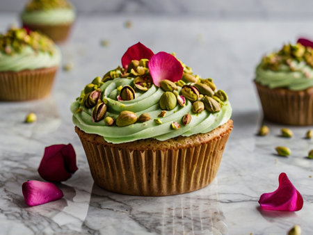 Pistachio cupcakes with pistachiosle backgroundの素材