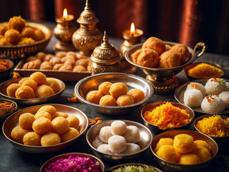 Rangoli of Assorted Indian sweets/mithai in bowl for Diwali or any other festivals, selective focusの素材