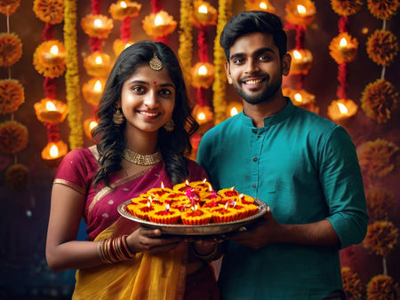 Young Indian couple with diwali diya or kalash on plateの素材