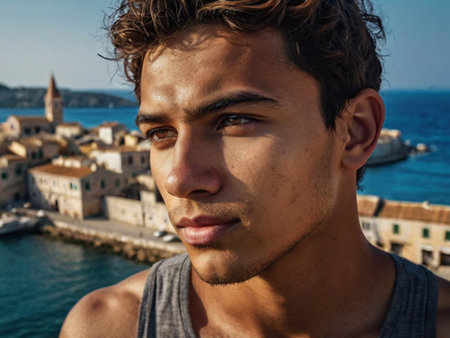Portrait of a handsome young man in the city of Dubrovnik, Croatia.の素材