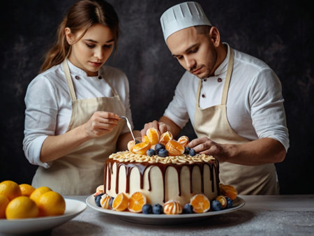 Young couple in aprons decorating cake with orange and blueberry.の素材