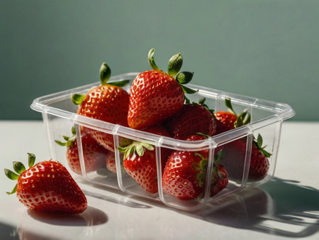 Strawberries in a plastic box on a white table. Close-up.の素材