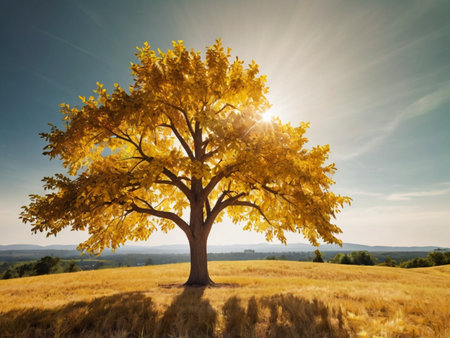 Autumn landscape with big old oak tree and sun in the skyの素材